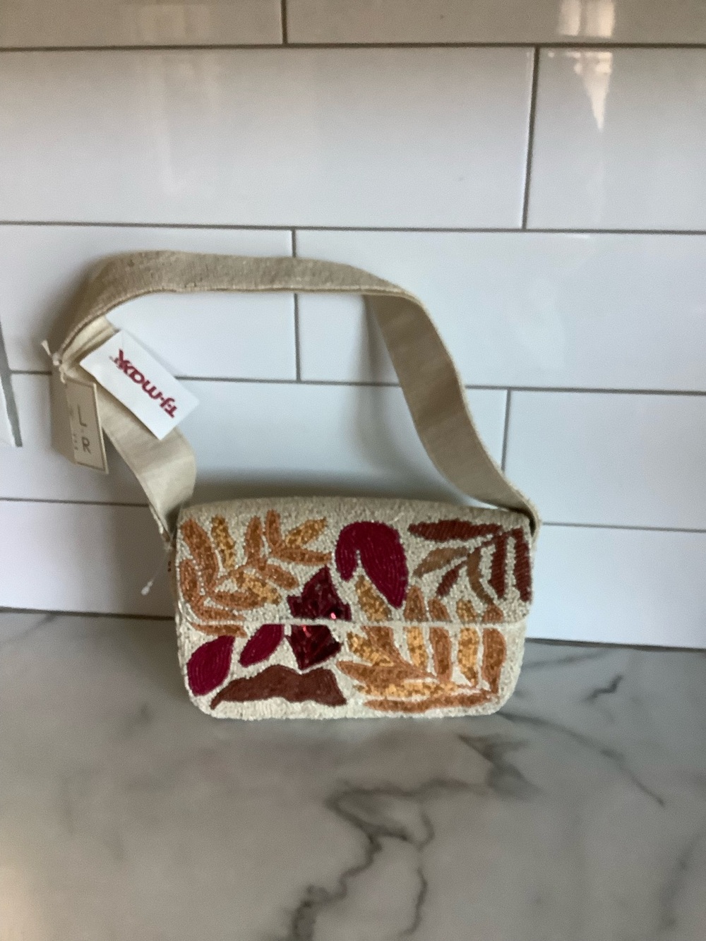 Cream Beaded Crossbody Bag with Red & Gold Leaf Embroidery